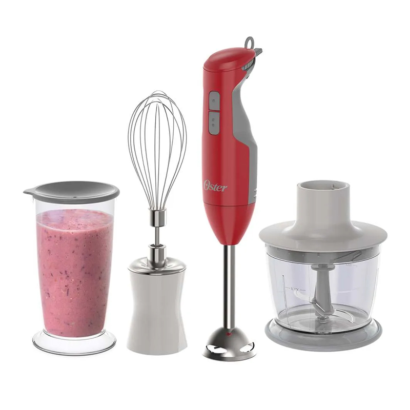 BATIDORA INMERSION 2VEL 250W CON VASO Y ACCESORIOS ROJO/GRIS OSTER