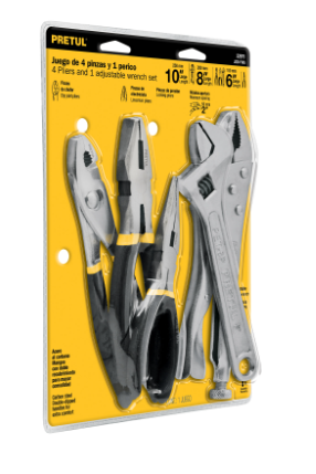 JUEGO DE 4 PINZAS 1 LLAVE AJUSTABLE MANGO DE VINIL