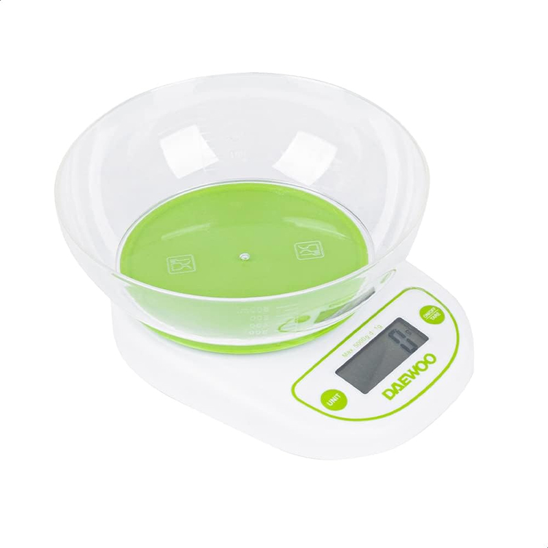 BÁSCULA DE COCINA DIGITAL COLOR BLANCO/VERDE, CAPACIDAD DE 5 KG, PANTALLA LCD 45X17MM, FUNCIÓN DE APAGADO AUTOMÁTICO, 3V