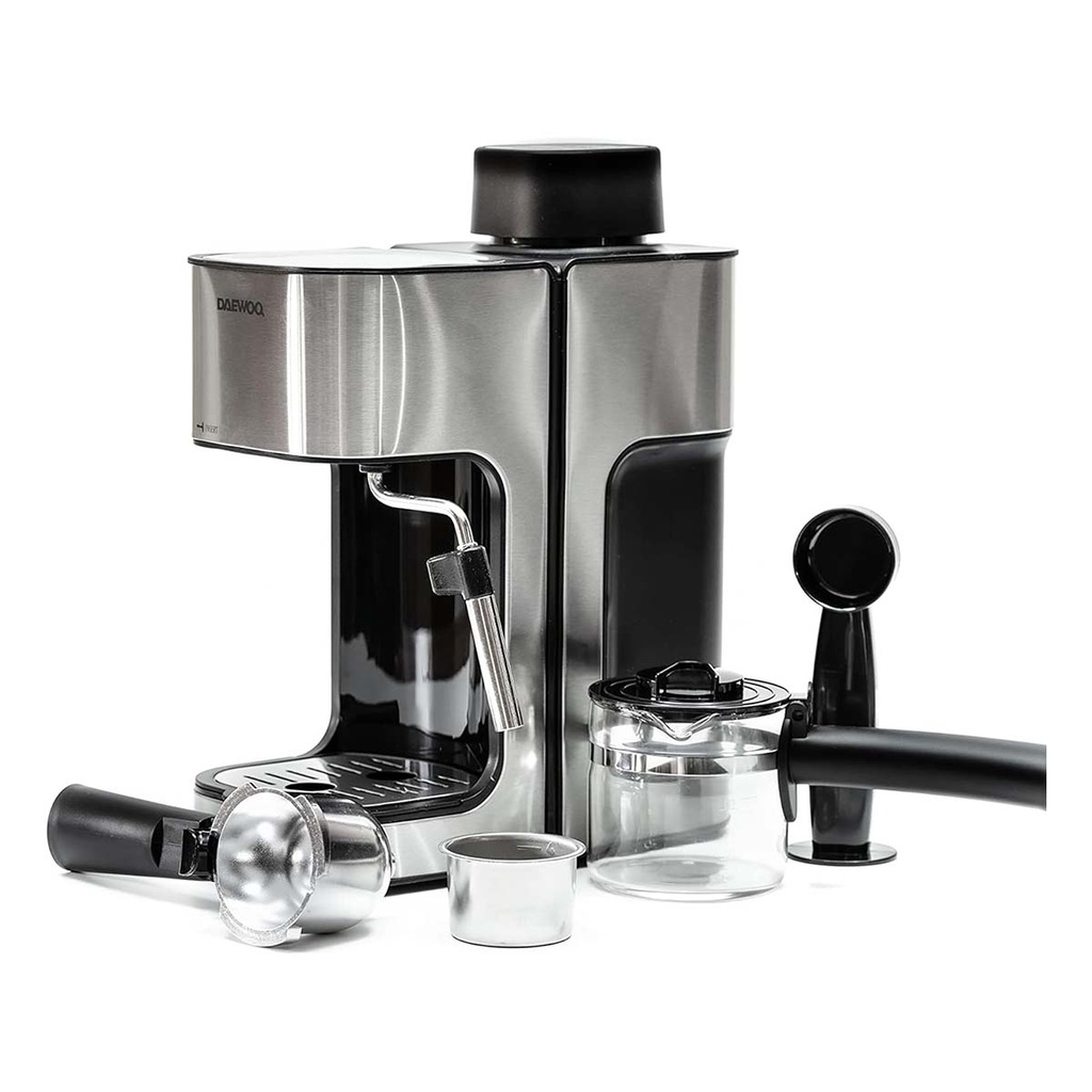 MÁQUINA DE ESPRESSO COLOR PLATEADO, CAPACIDAD DE 4 TAZAS(0.24L), BANDEJA DE GOTEO DESMONTABLE Y LAVABLE, BOMBA DE PRESIÓN DE 3.5 BAR, FILTRO DE ACERO INOX, 800W