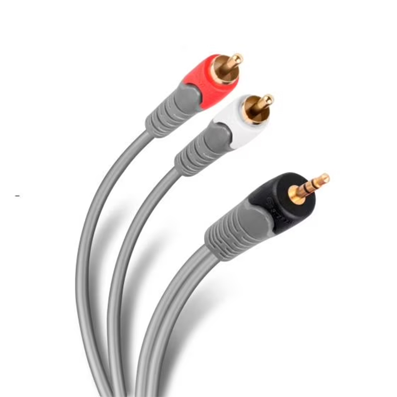 [284-045] CABLE REFORZADO PLUG 3.5MM ESTEREO A 2 PLUGS DE RCA GRIS STEREN