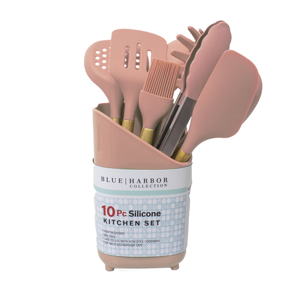 JUEGO DE UTENSILIOS DE SILICONA COLOR RUBOR CON MANGO DE MADERA Y CANTARO